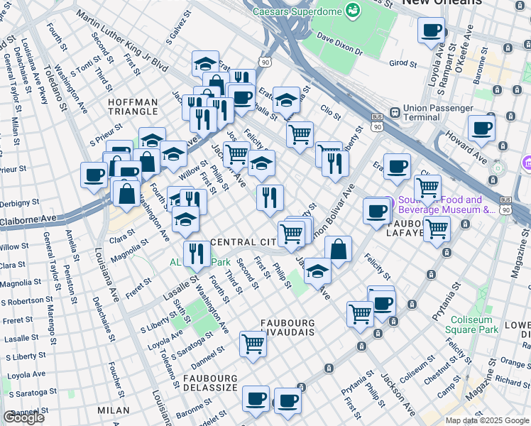map of restaurants, bars, coffee shops, grocery stores, and more near in New Orleans