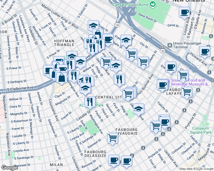 map of restaurants, bars, coffee shops, grocery stores, and more near 2602 Philip Street in New Orleans