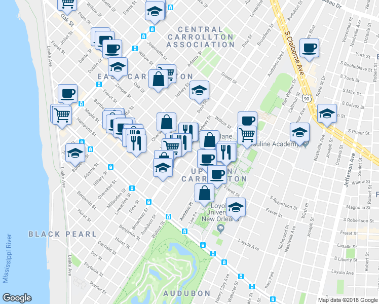 map of restaurants, bars, coffee shops, grocery stores, and more near 1101 Broadway Street in New Orleans