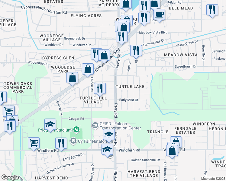 map of restaurants, bars, coffee shops, grocery stores, and more near 9506 Turtle Log Trail in Houston