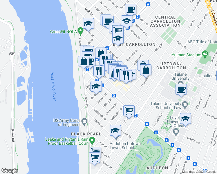 map of restaurants, bars, coffee shops, grocery stores, and more near 7717 Saint Charles Avenue in New Orleans