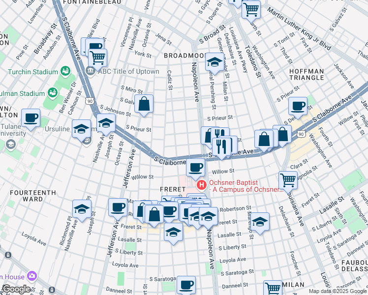 map of restaurants, bars, coffee shops, grocery stores, and more near 4514 South Derbigny Street in New Orleans
