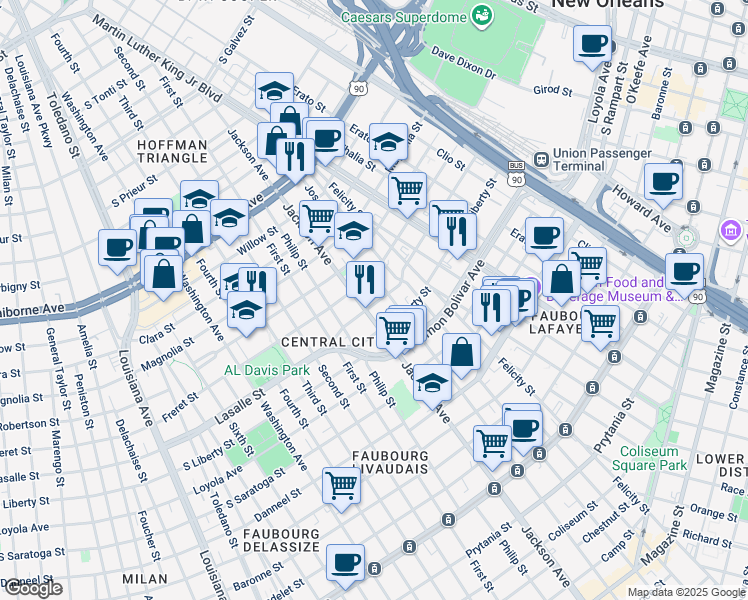 map of restaurants, bars, coffee shops, grocery stores, and more near 2408 Josephine Street in New Orleans