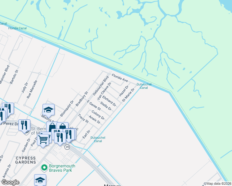 map of restaurants, bars, coffee shops, grocery stores, and more near 4420 Olive Drive in Meraux