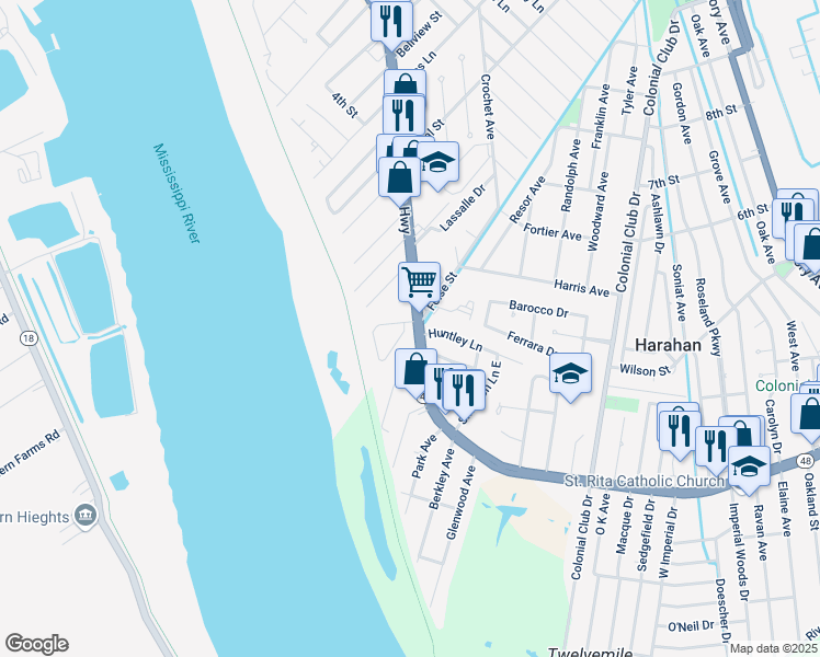 map of restaurants, bars, coffee shops, grocery stores, and more near in River Ridge