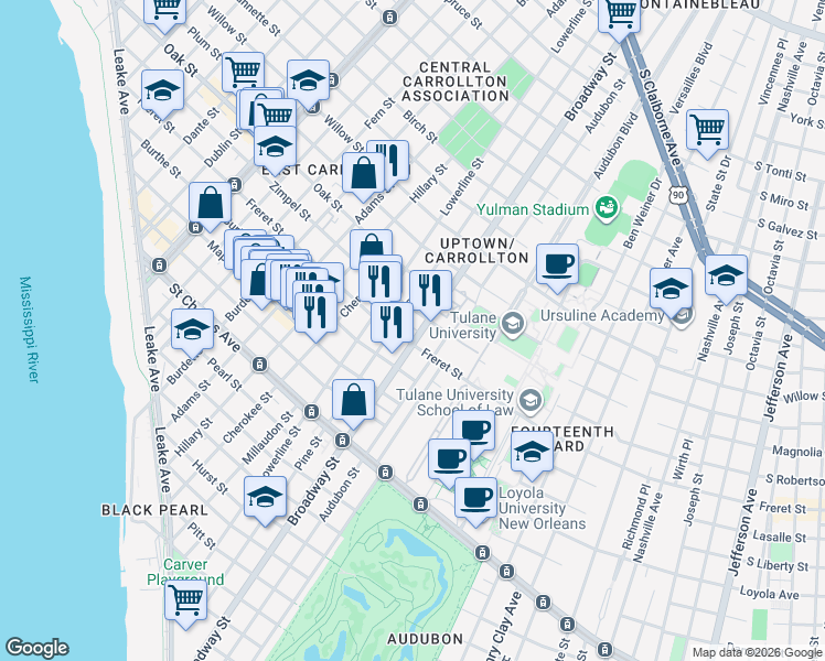 map of restaurants, bars, coffee shops, grocery stores, and more near 1014 Broadway Street in New Orleans