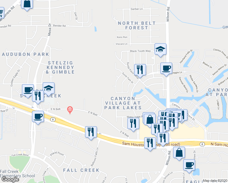 map of restaurants, bars, coffee shops, grocery stores, and more near 4642 Early Autumn Court in Humble