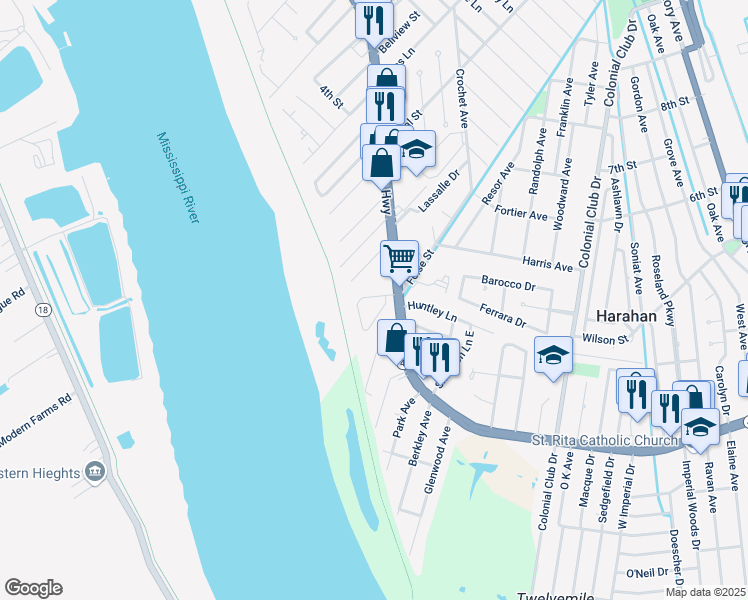 map of restaurants, bars, coffee shops, grocery stores, and more near 13 Hennessey Court in River Ridge