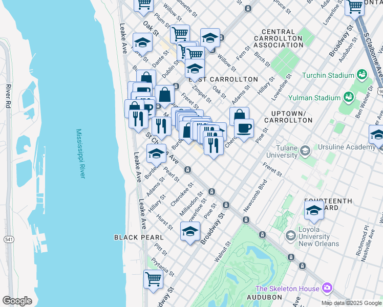 map of restaurants, bars, coffee shops, grocery stores, and more near 7719 Hampson Street in New Orleans