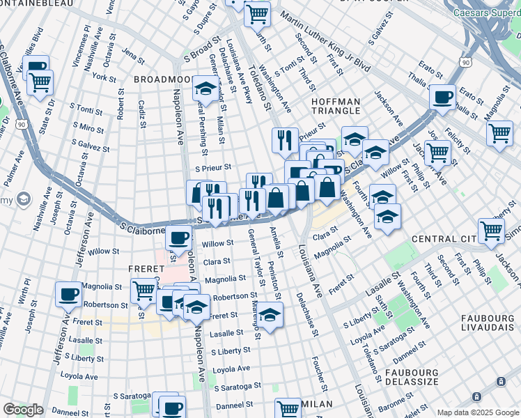 map of restaurants, bars, coffee shops, grocery stores, and more near 3701 South Claiborne Avenue in New Orleans