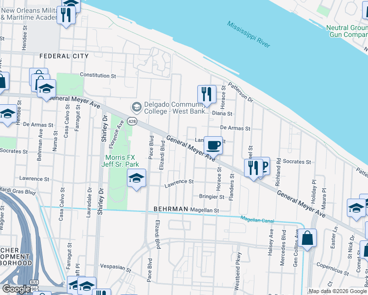 map of restaurants, bars, coffee shops, grocery stores, and more near 3100 General Meyer Avenue in New Orleans