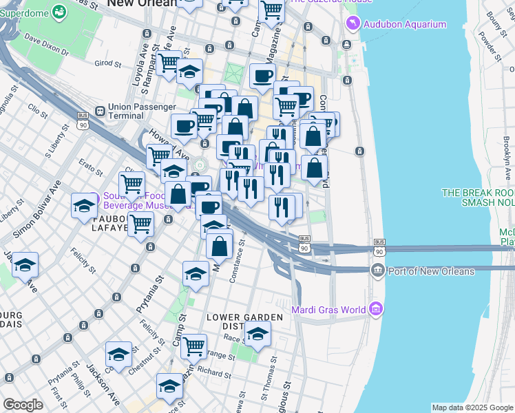 map of restaurants, bars, coffee shops, grocery stores, and more near 920 Poeyfarre Street in New Orleans