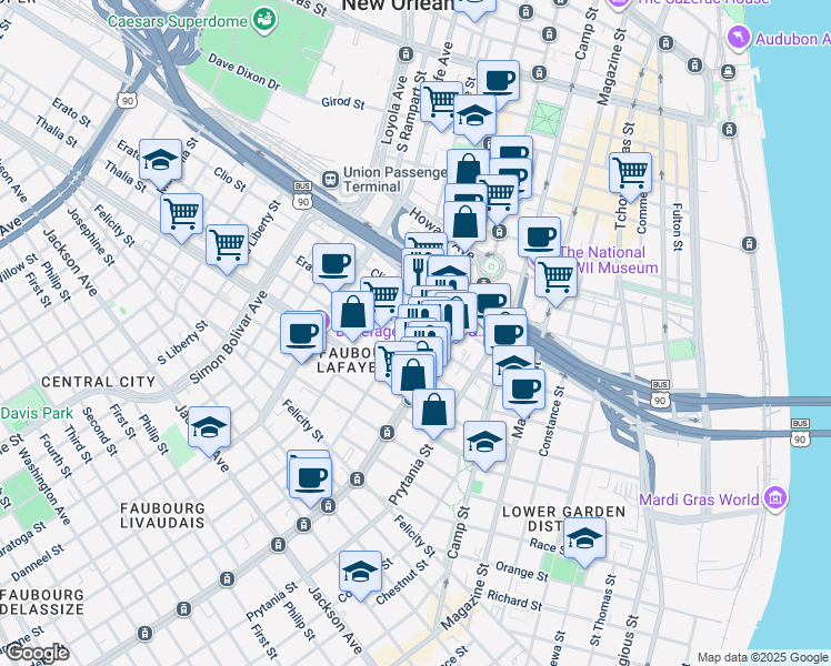 map of restaurants, bars, coffee shops, grocery stores, and more near 1220 Carondelet Street in New Orleans