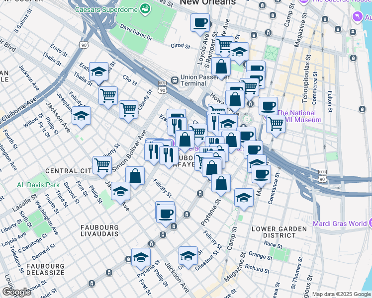 map of restaurants, bars, coffee shops, grocery stores, and more near 1827 Thalia Street in New Orleans