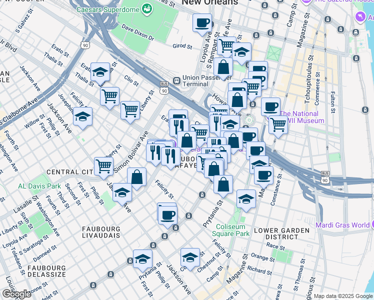 map of restaurants, bars, coffee shops, grocery stores, and more near 1827 Thalia Street in New Orleans