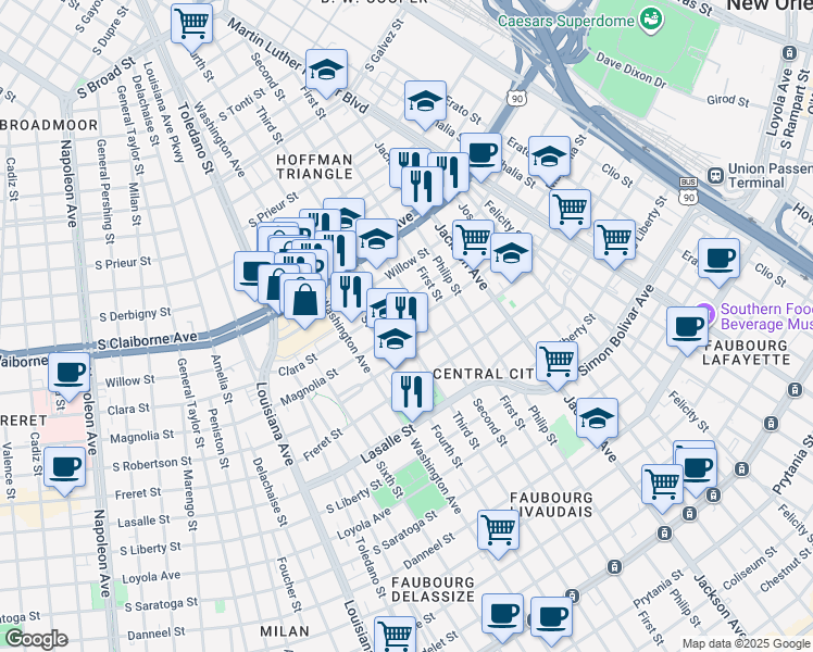 map of restaurants, bars, coffee shops, grocery stores, and more near 2600 Clara Street in New Orleans