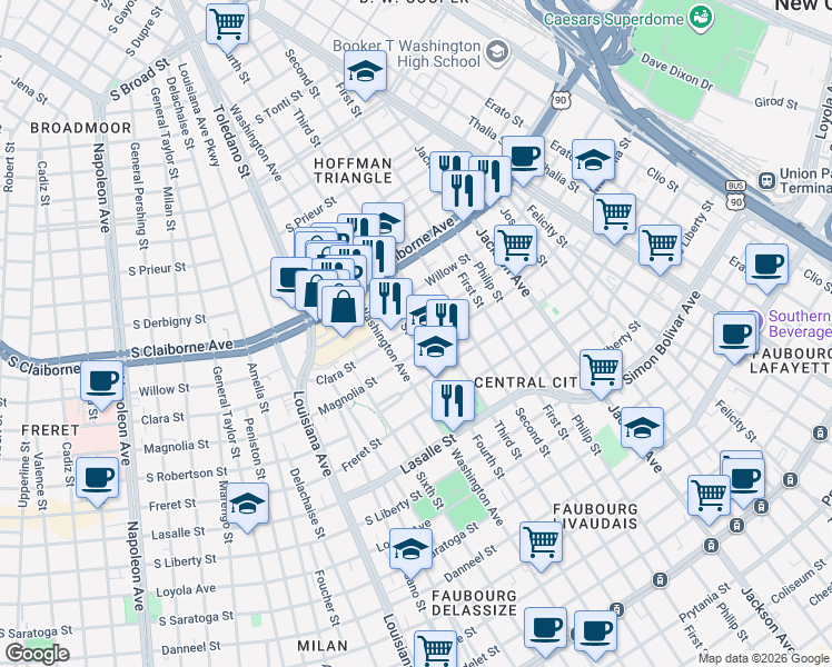 map of restaurants, bars, coffee shops, grocery stores, and more near 2600 Clara Street in New Orleans