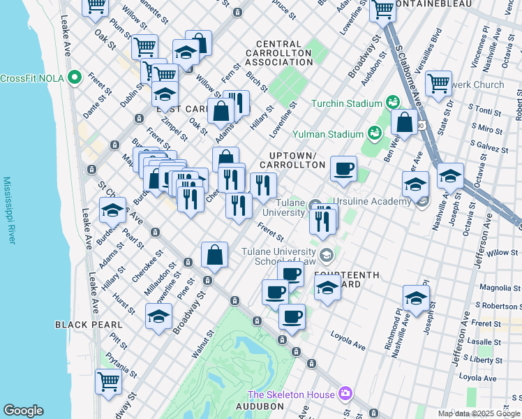 map of restaurants, bars, coffee shops, grocery stores, and more near 1101 Broadway Street in New Orleans