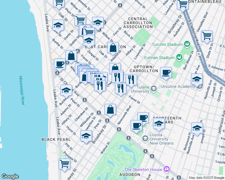 map of restaurants, bars, coffee shops, grocery stores, and more near in New Orleans