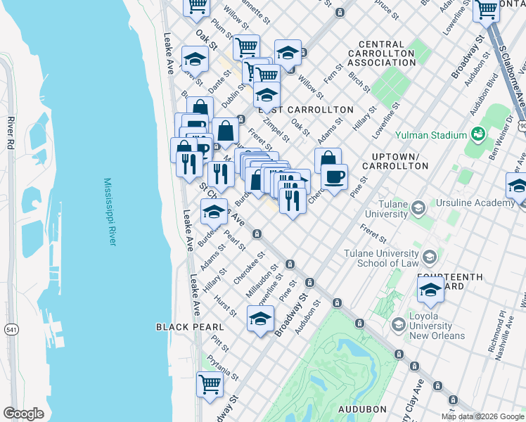 map of restaurants, bars, coffee shops, grocery stores, and more near 7719 Hampson Street in New Orleans