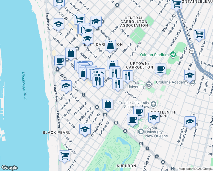 map of restaurants, bars, coffee shops, grocery stores, and more near 7419 Burthe Street in New Orleans