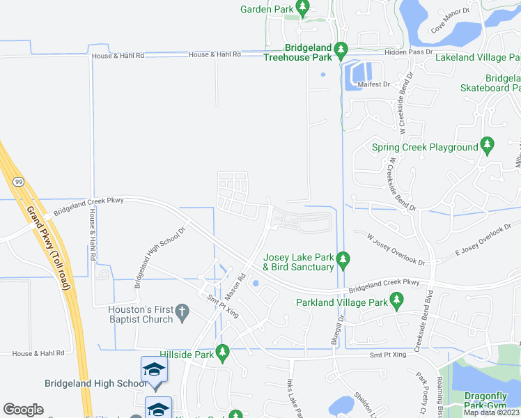 map of restaurants, bars, coffee shops, grocery stores, and more near Bridgeland Creek Parkway in Cypress