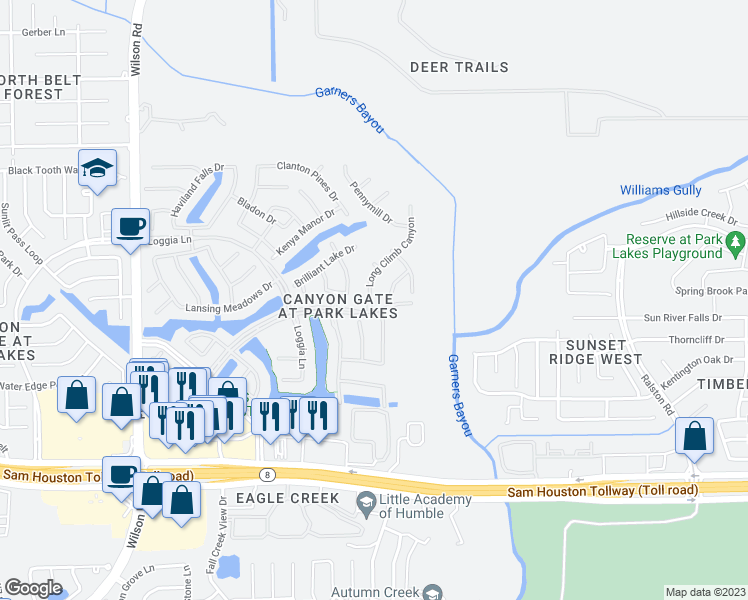 map of restaurants, bars, coffee shops, grocery stores, and more near 4627 Long Climb Canyon in Humble