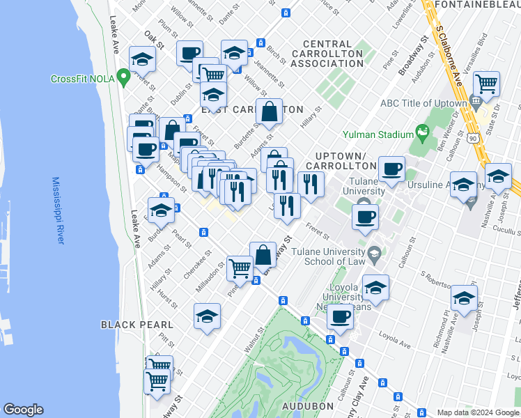 map of restaurants, bars, coffee shops, grocery stores, and more near 7421 Burthe Street in New Orleans