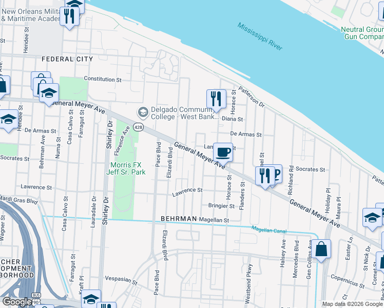 map of restaurants, bars, coffee shops, grocery stores, and more near 3100 General Meyer Avenue in New Orleans