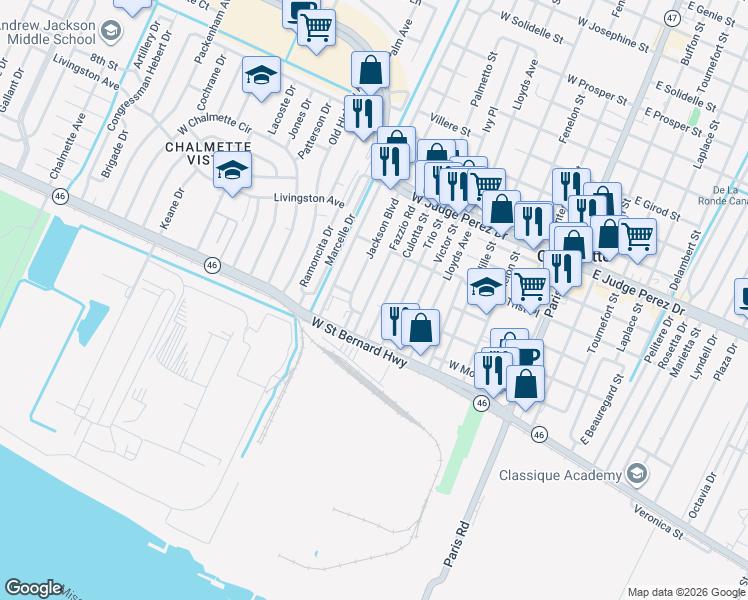 map of restaurants, bars, coffee shops, grocery stores, and more near 2216 Culotta Street in Chalmette