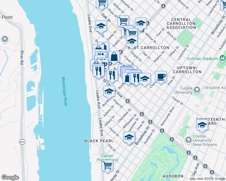map of restaurants, bars, coffee shops, grocery stores, and more near 7811 Saint Charles Avenue in New Orleans