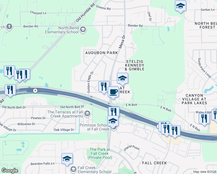 map of restaurants, bars, coffee shops, grocery stores, and more near 15123 Mesa Drive in Humble