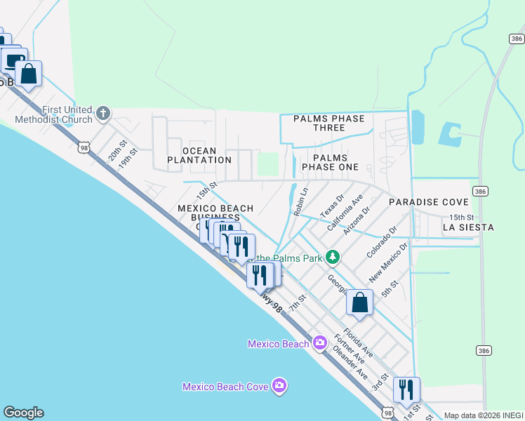 map of restaurants, bars, coffee shops, grocery stores, and more near 305 Hatley Drive in Mexico Beach