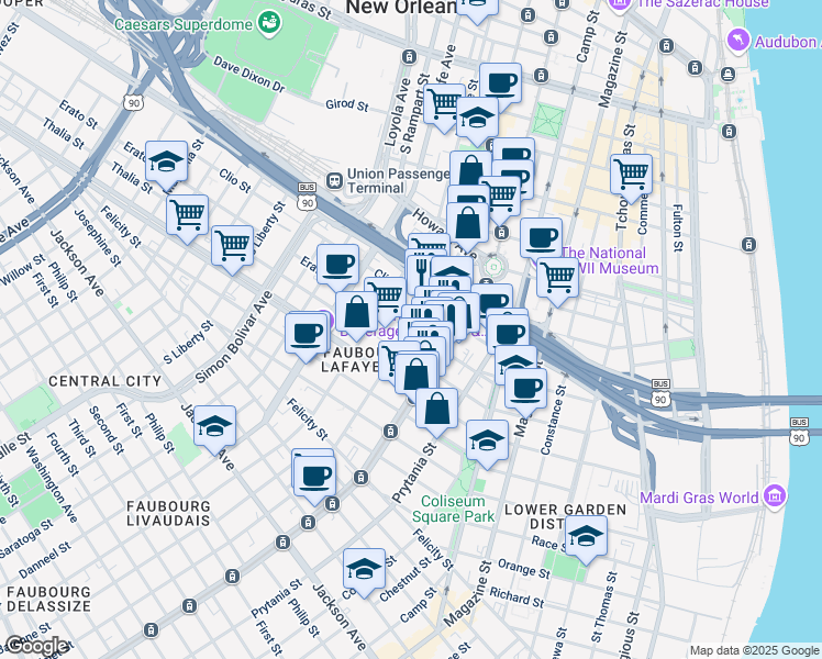 map of restaurants, bars, coffee shops, grocery stores, and more near Erato St & Carondelet St in New Orleans
