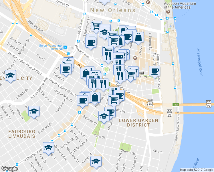 map of restaurants, bars, coffee shops, grocery stores, and more near in New Orleans