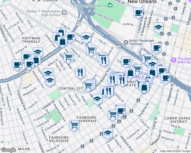 map of restaurants, bars, coffee shops, grocery stores, and more near 1813 South Liberty Street in New Orleans