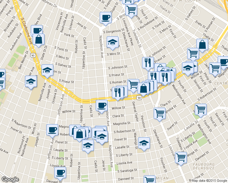map of restaurants, bars, coffee shops, grocery stores, and more near 3101 General Pershing Street in New Orleans
