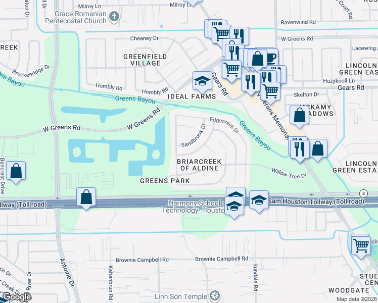 map of restaurants, bars, coffee shops, grocery stores, and more near 3455 Sandbrook Drive in Houston