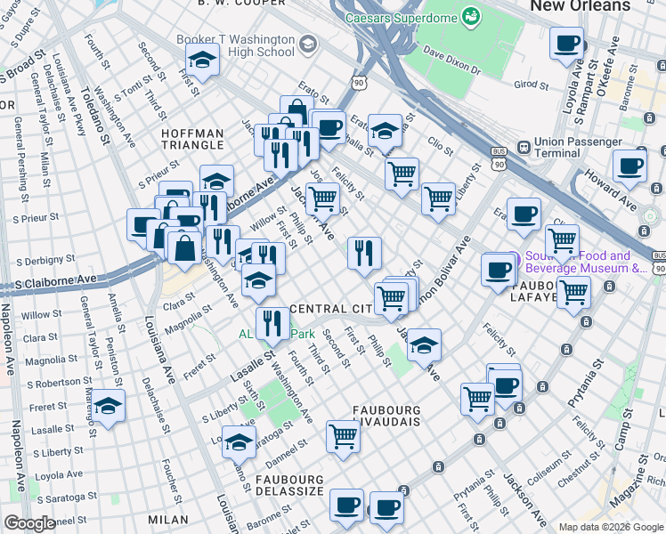 map of restaurants, bars, coffee shops, grocery stores, and more near 2602 Philip Street in New Orleans