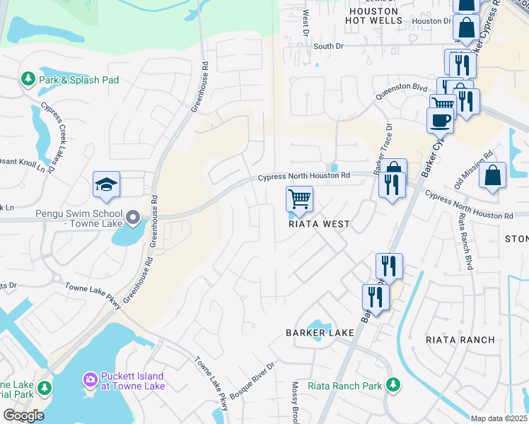 map of restaurants, bars, coffee shops, grocery stores, and more near 11214 Whitecap Bay Circle in Cypress