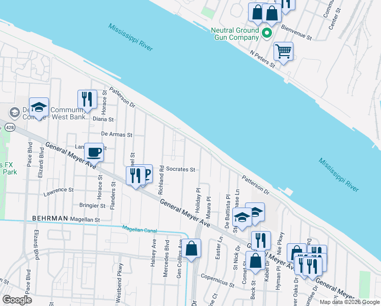 map of restaurants, bars, coffee shops, grocery stores, and more near 1311 Holiday Place in New Orleans