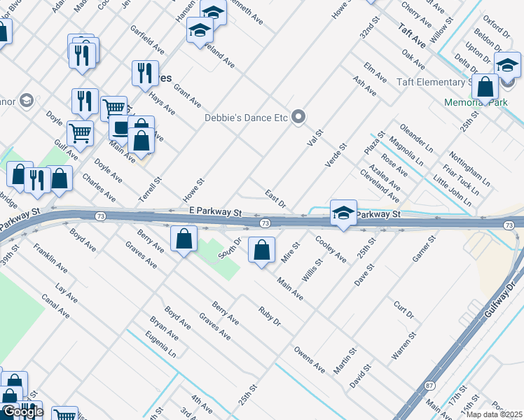 map of restaurants, bars, coffee shops, grocery stores, and more near 3156 East Parkway Street in Groves