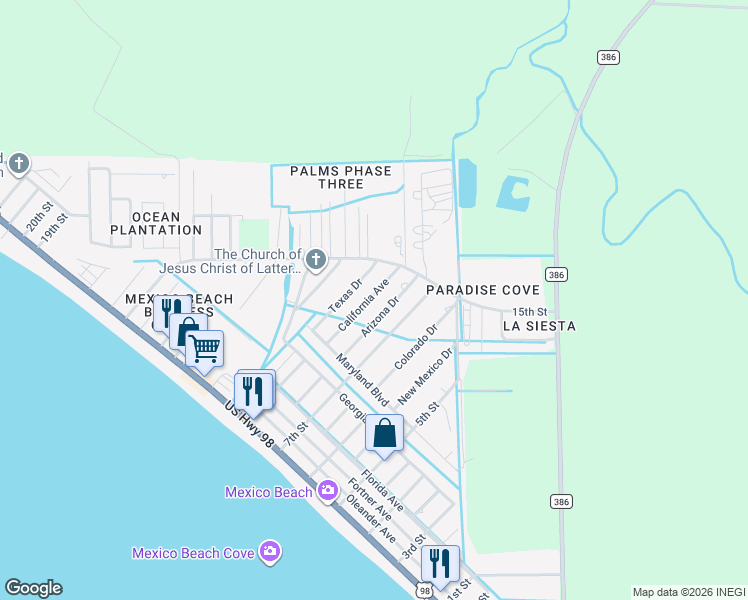map of restaurants, bars, coffee shops, grocery stores, and more near 418 California Drive in Mexico Beach