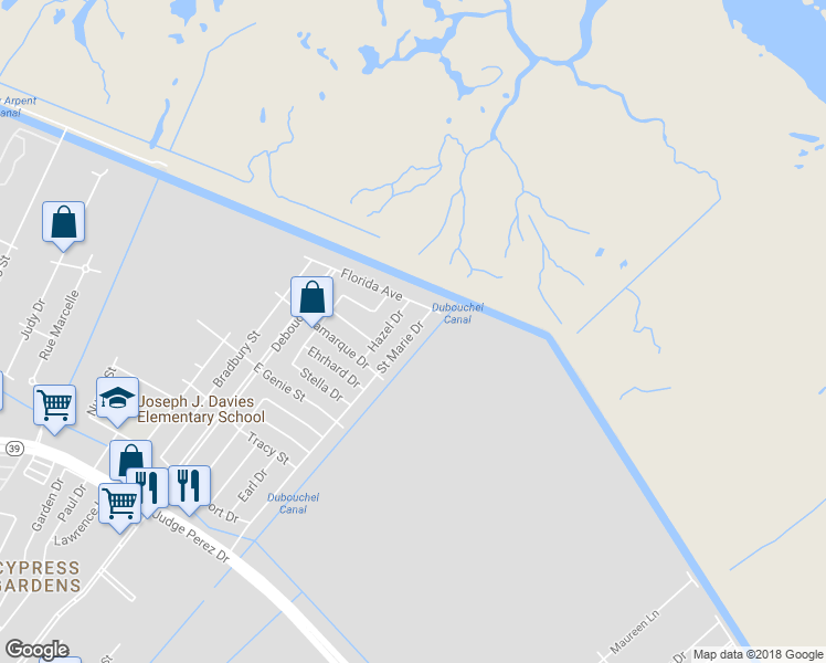 map of restaurants, bars, coffee shops, grocery stores, and more near 3609 Saint Marie Drive in Meraux