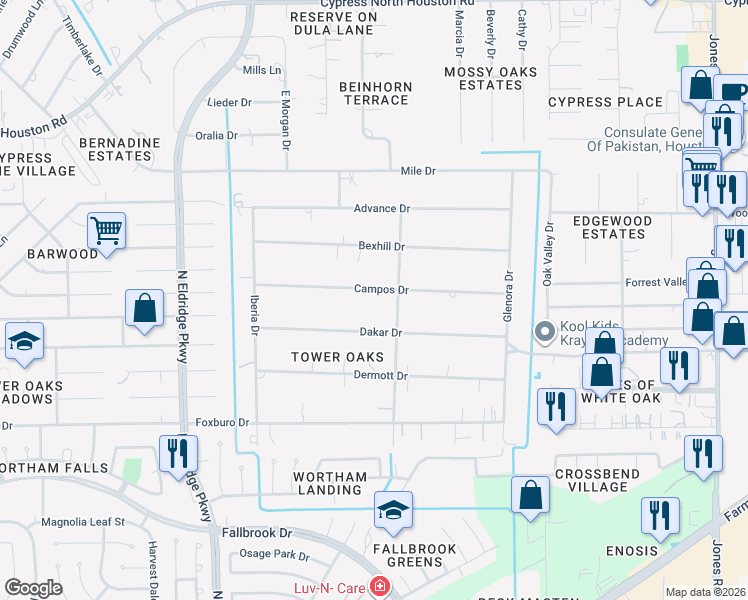 map of restaurants, bars, coffee shops, grocery stores, and more near 11807 Campos Drive in Houston