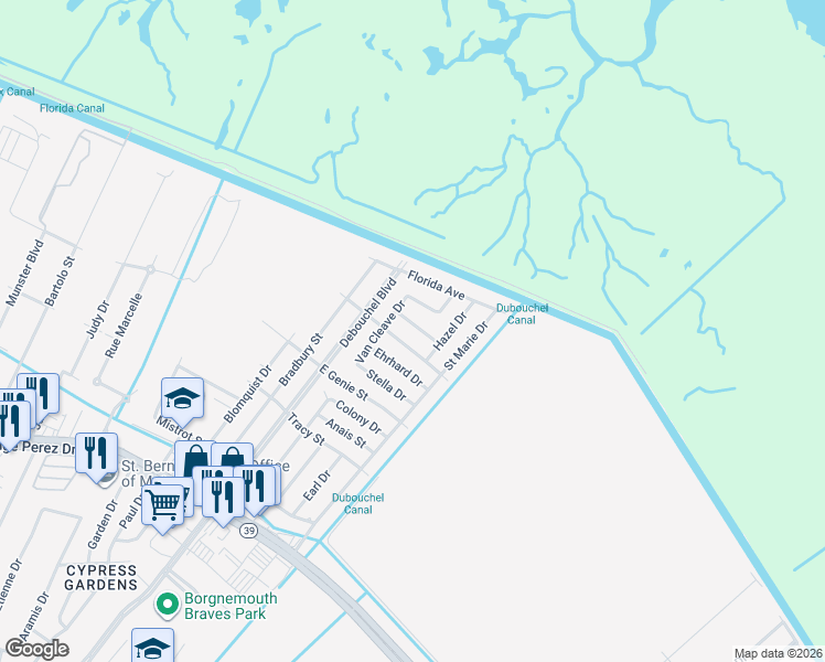 map of restaurants, bars, coffee shops, grocery stores, and more near 4420 Olive Drive in Meraux