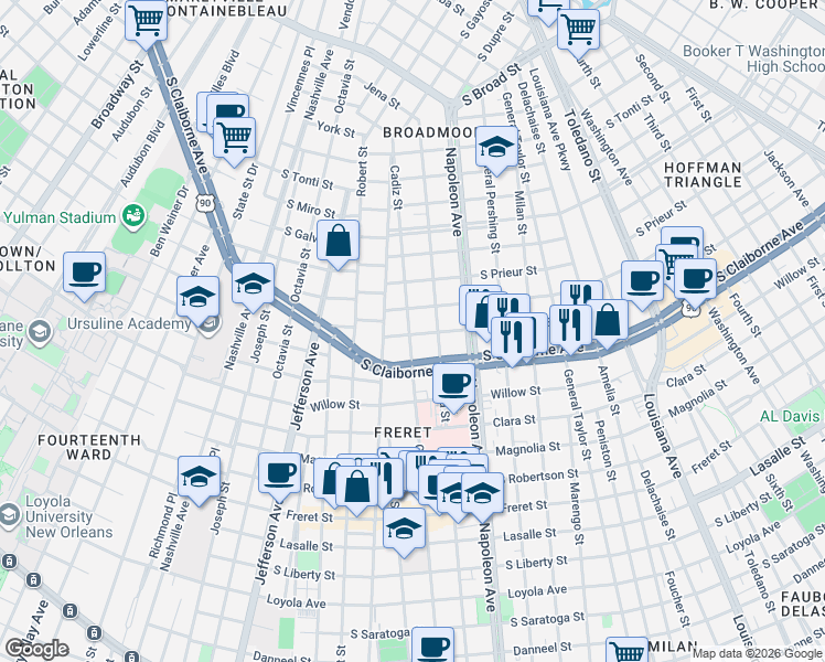 map of restaurants, bars, coffee shops, grocery stores, and more near 3113 Upperline Street in New Orleans