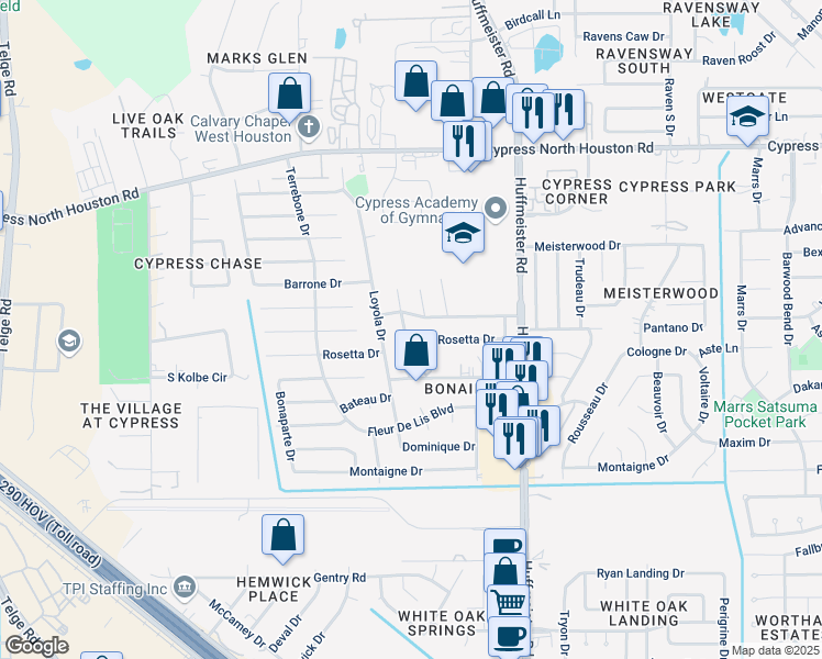 map of restaurants, bars, coffee shops, grocery stores, and more near 14015 Bella Drive in Cypress