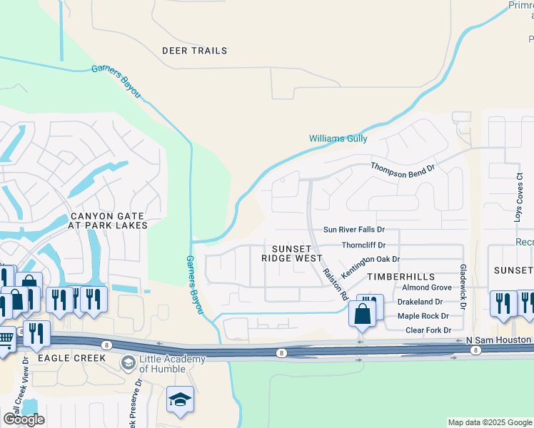 map of restaurants, bars, coffee shops, grocery stores, and more near 15203 Lake Powell Drive in Humble