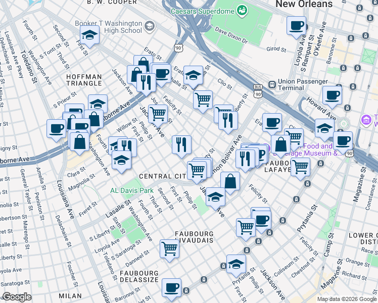 map of restaurants, bars, coffee shops, grocery stores, and more near 2408 Josephine Street in New Orleans